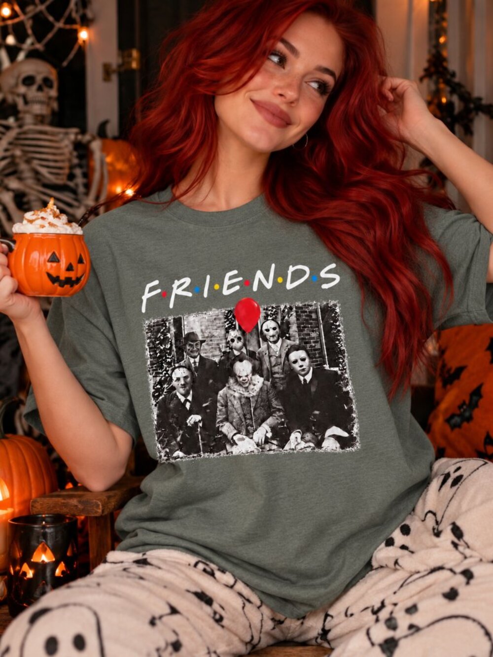 Women’s Military Green Halloween Graphic Tee Spooky Skeleton T-Shirt Fall Shirt